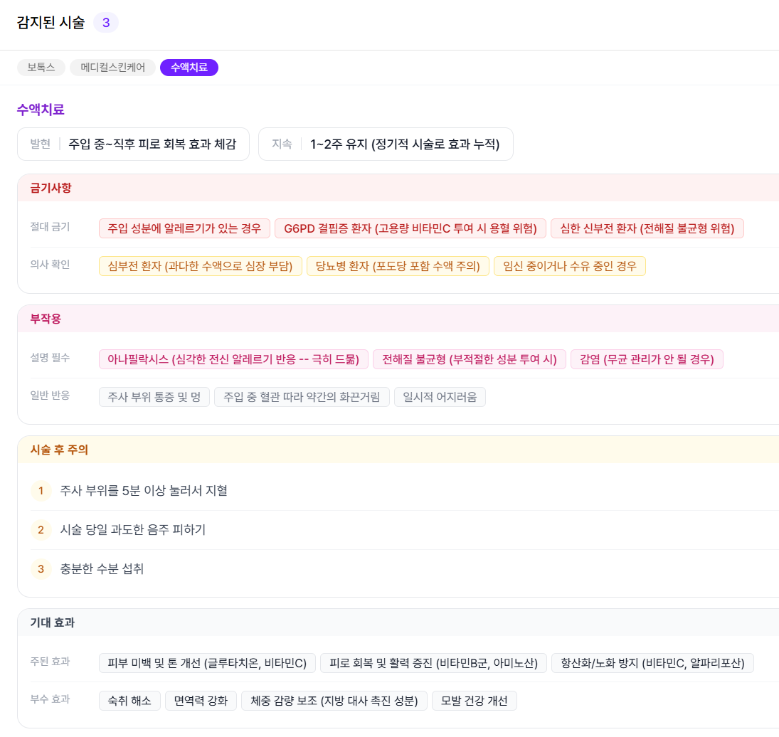 charty 시술별 안전 정보 화면